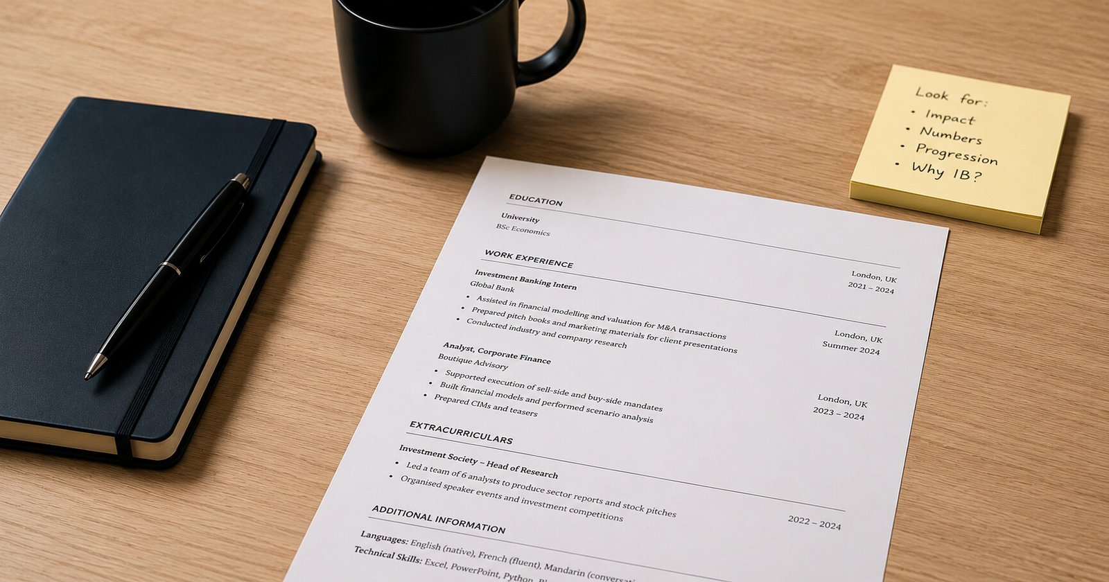 A one-page investment banking CV on a desk beside a screener's note reading: impact, numbers, progression, why IB